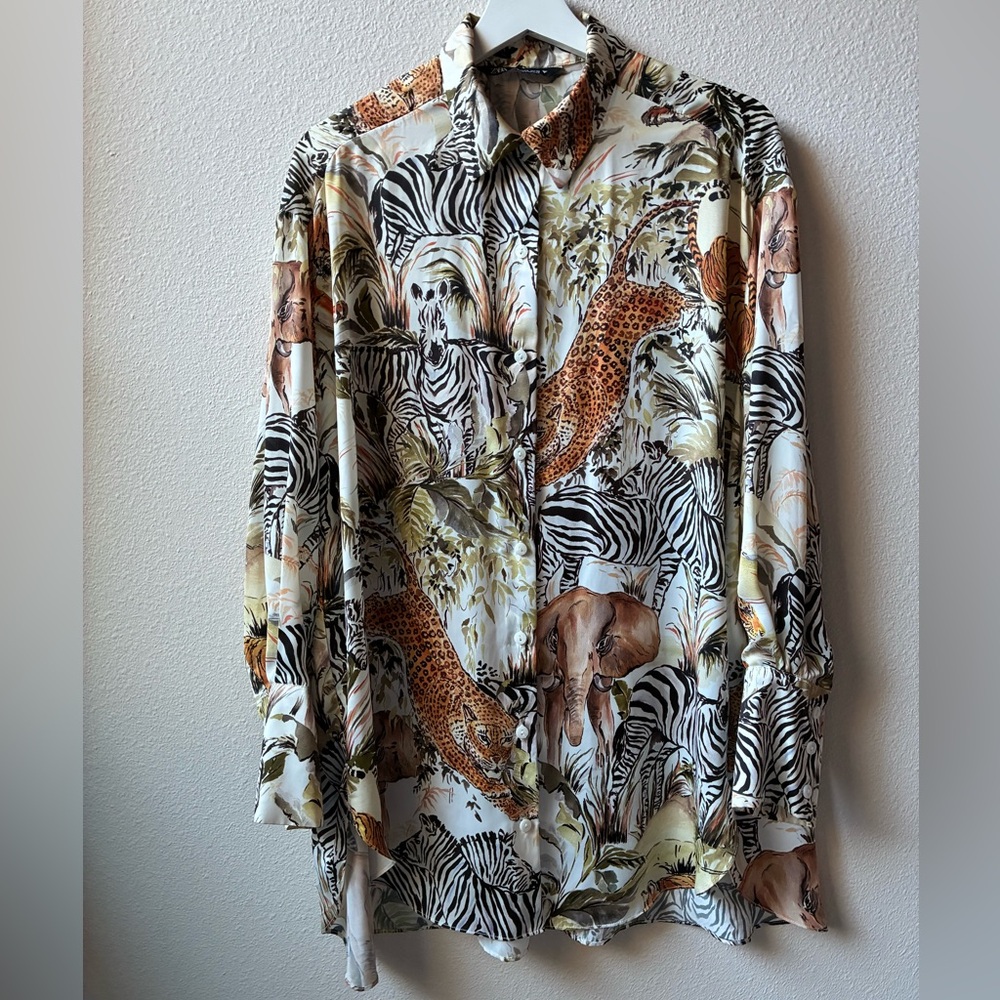 Zara Oversized Safari Print Button Up (Size:S)